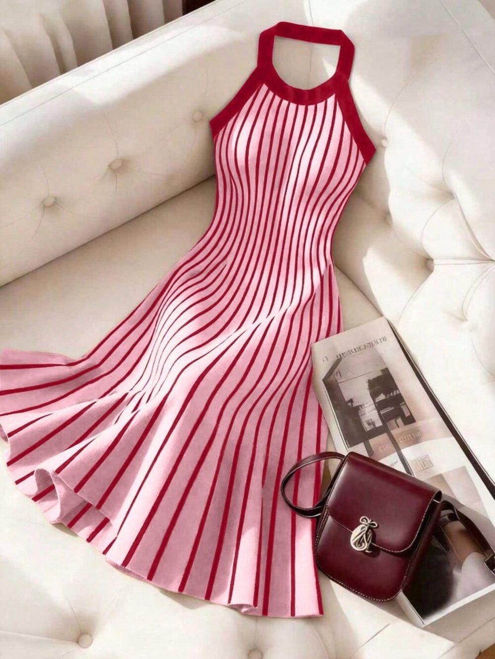 Baby Pink Elegant Women's Contrast Color Striped Backless Halter Knit Dress